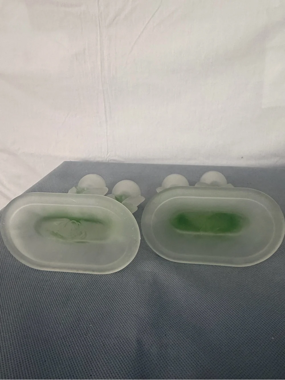 Pair Frosted Vintage Green White Glass Tulip Flower Candle Holders (F166)